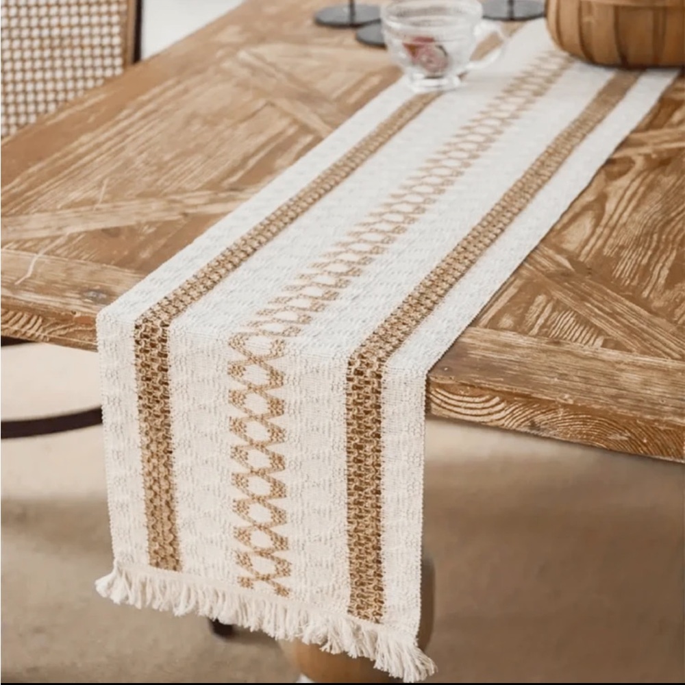 Boho Woven Table Runner | Neutral Beige & Cream| Farmhouse Decor